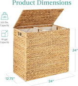Large Water Hyacinth Laundry Hamper Basket – Double Sorter with 2 Liner Bags, Natural