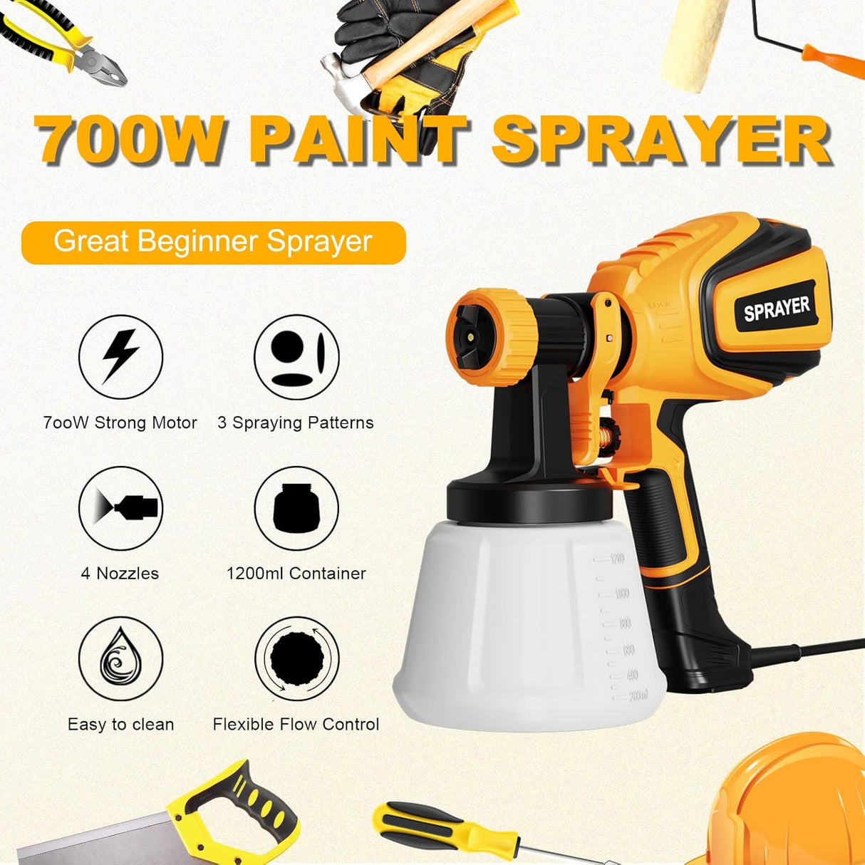 Paint Sprayer, 700W HVLP Spray Gun with Cleaning & Blowing Joints, 4 Nozzles and 3 Patterns,(NEW, OPEN BOX)