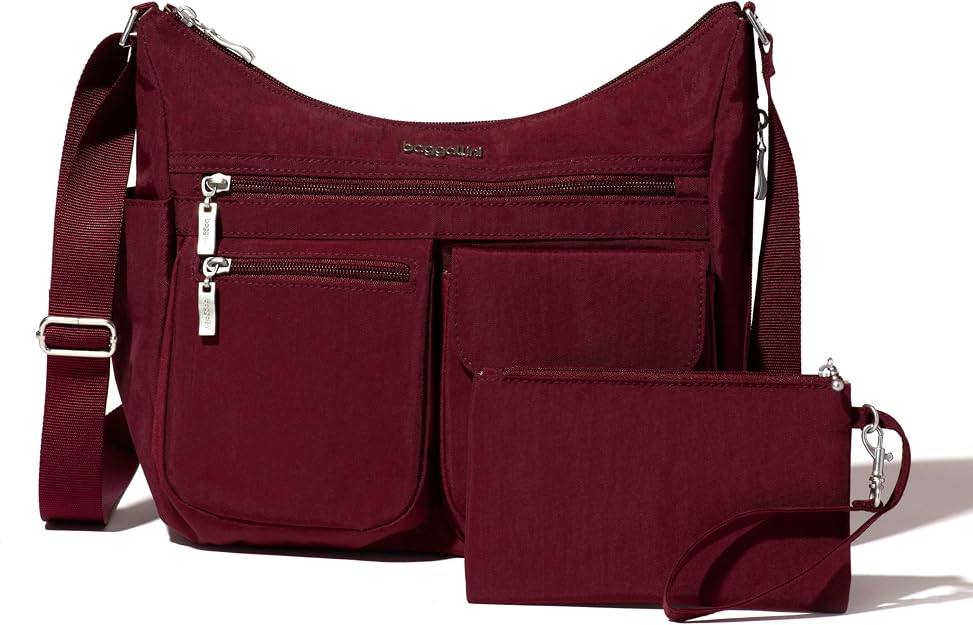 Baggallini Everywhere Bagg - Hobo Crossbody Bag for Women with RFID Wristlet – Water-resistant Travel Bag - Dark Cherry