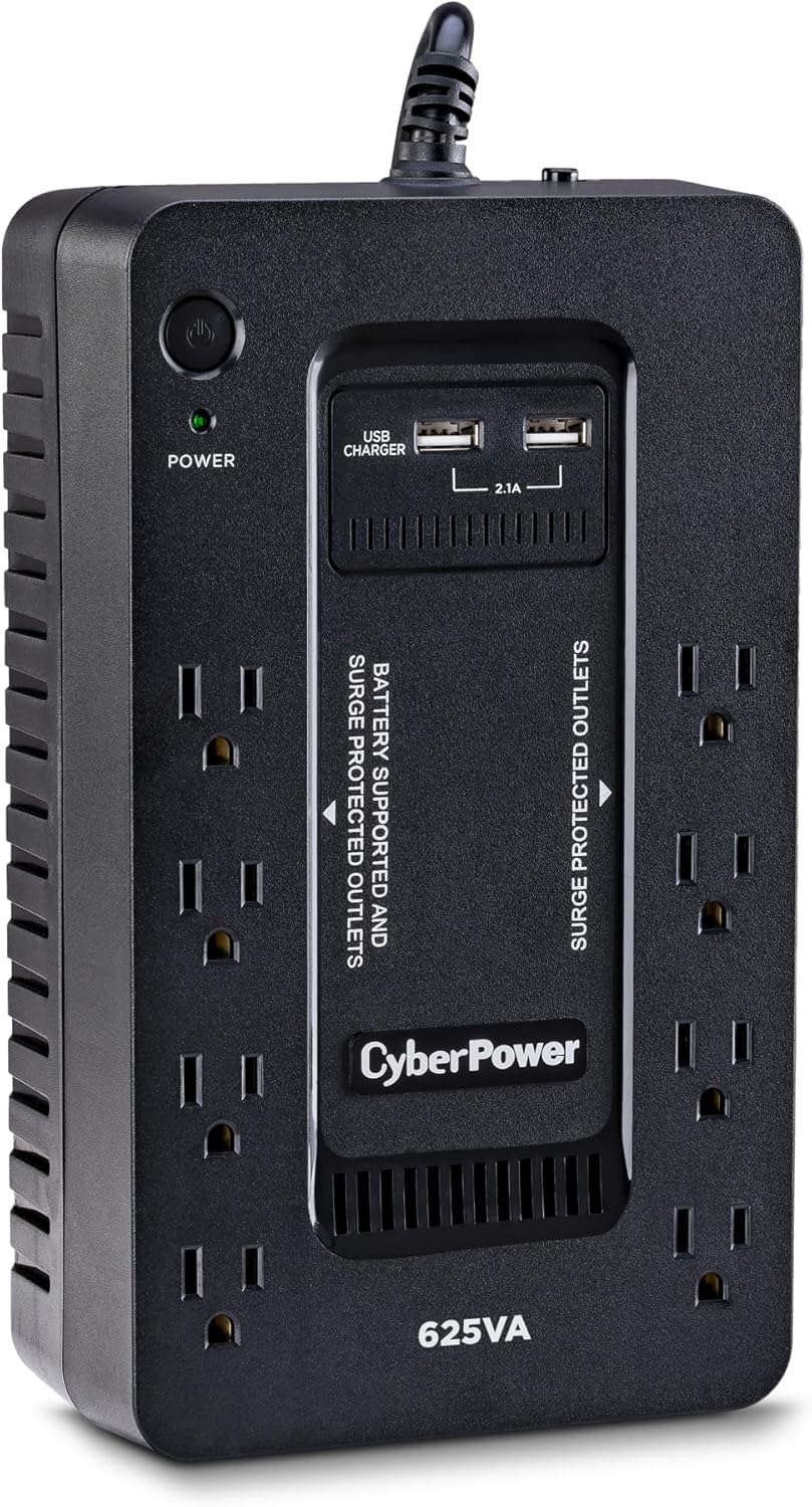 CyberPower ST625U Standby UPS Battery Backup and Surge Protector, 625VA/360W, 8 Outlets, 2 USB Charging Ports, Compact, UL Certified