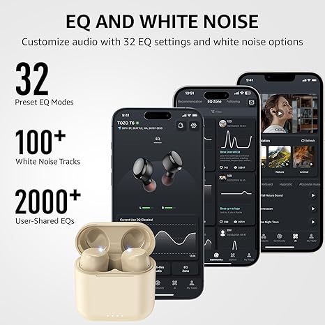 TOZO T6 (Ergonomic Edition) Wireless Earbuds Bluetooth 5.3 Headphones, Ergonomic Design in-Ear Headset, 50Hrs Playtime with Wireless Charging Case, APP EQ Customisable, IPX8 Waterproof, 2024 Version