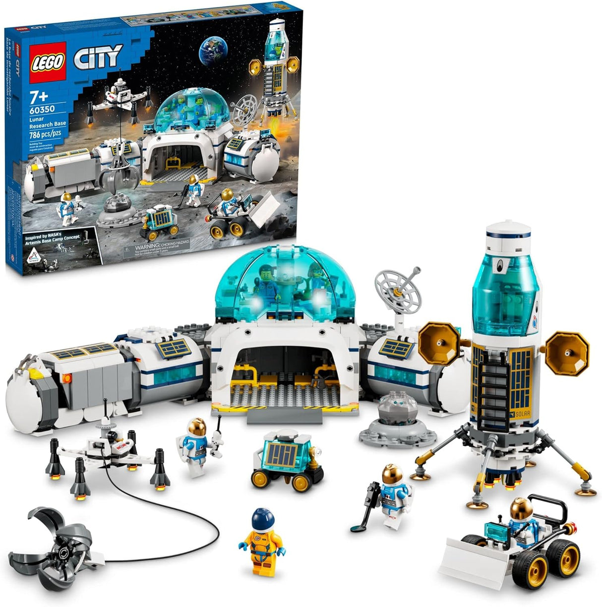 LEGO City Lunar Research Base Outer Space Toy for Kids who Love Space 60350, NASA Inspired Lunar Lander, Rover and Moon Buggy with 6 Astronaut Minifigures