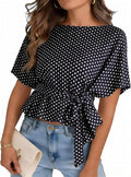 Women's Summer Tie Front Blouses 2026 Crew Neck Batwing Short Sleeve Basic Tops Shirts MED