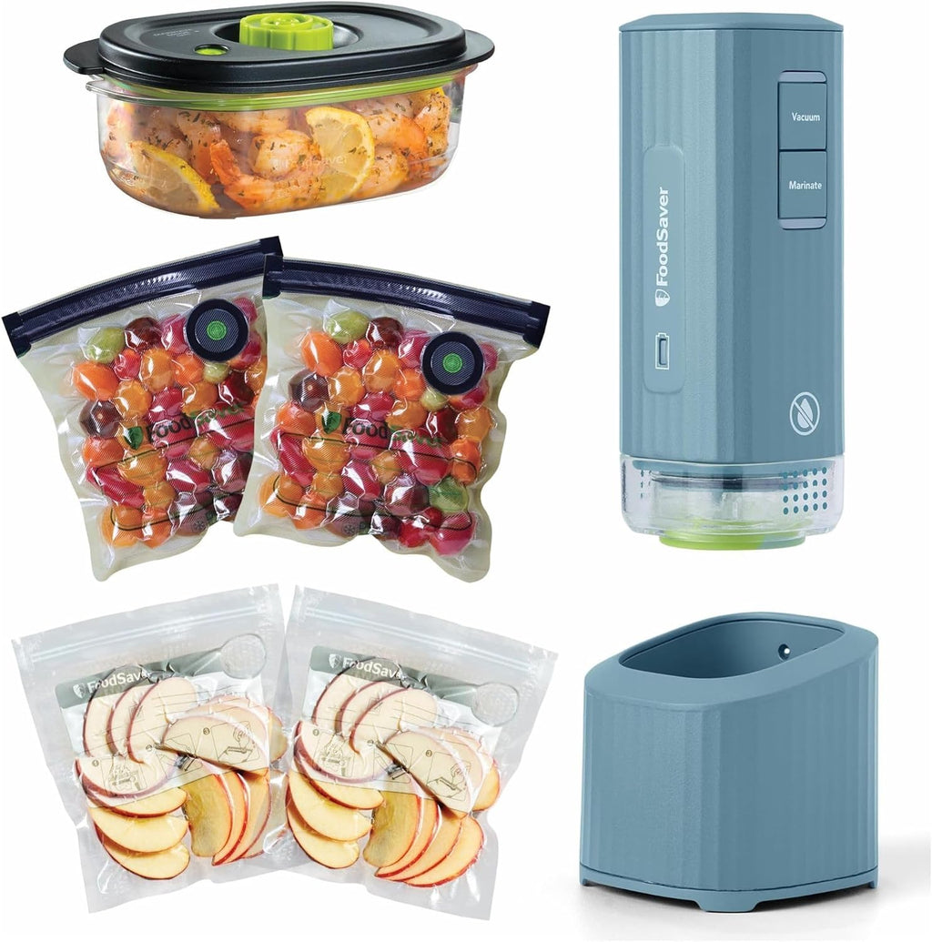 FoodSaver Mini Handheld Vacuum Sealer Machine with Marinate Setting & Charging Dock, Cordless Food Vacuum Sealer for Freezer, Storage, Sous Vide, Meal Prep, Blue