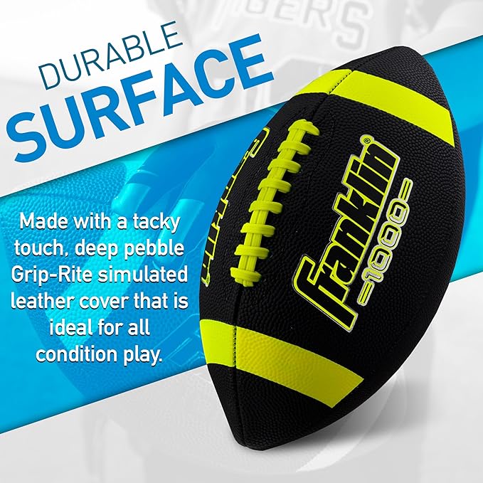 Franklin Sports Inflated Football - Junior Size, Extra Grip-Rite Youth 1 Footballs Synthetic Leather Perfect for Kids - Black/Optic,