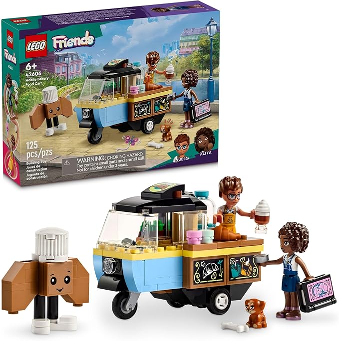 LEGO Friends Mobile Bakery Food Cart Playset, Cooking Toy for Pretend Play, Small Gift for Kids, Girls and Boys Ages 6 and Up with Aliya and Jules Mini-Dolls, Aira Dog Figure and Food Toys, 42606(New Open Box)