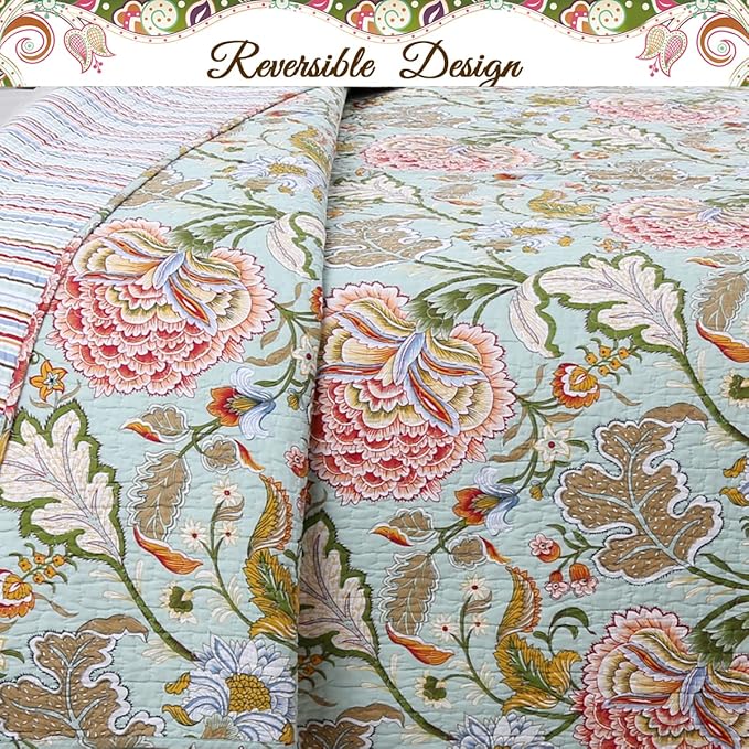 Cozy Line Home Fashions 3-Piece Queen Size Cotton Blooming Camellia Flower Garden Red Coral Sage Green Reversible Queen Quilt Bedding Set