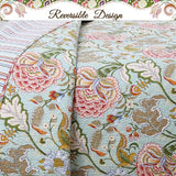 Cozy Line Home Fashions 3-Piece Queen Size Cotton Blooming Camellia Flower Garden Red Coral Sage Green Reversible Queen Quilt Bedding Set