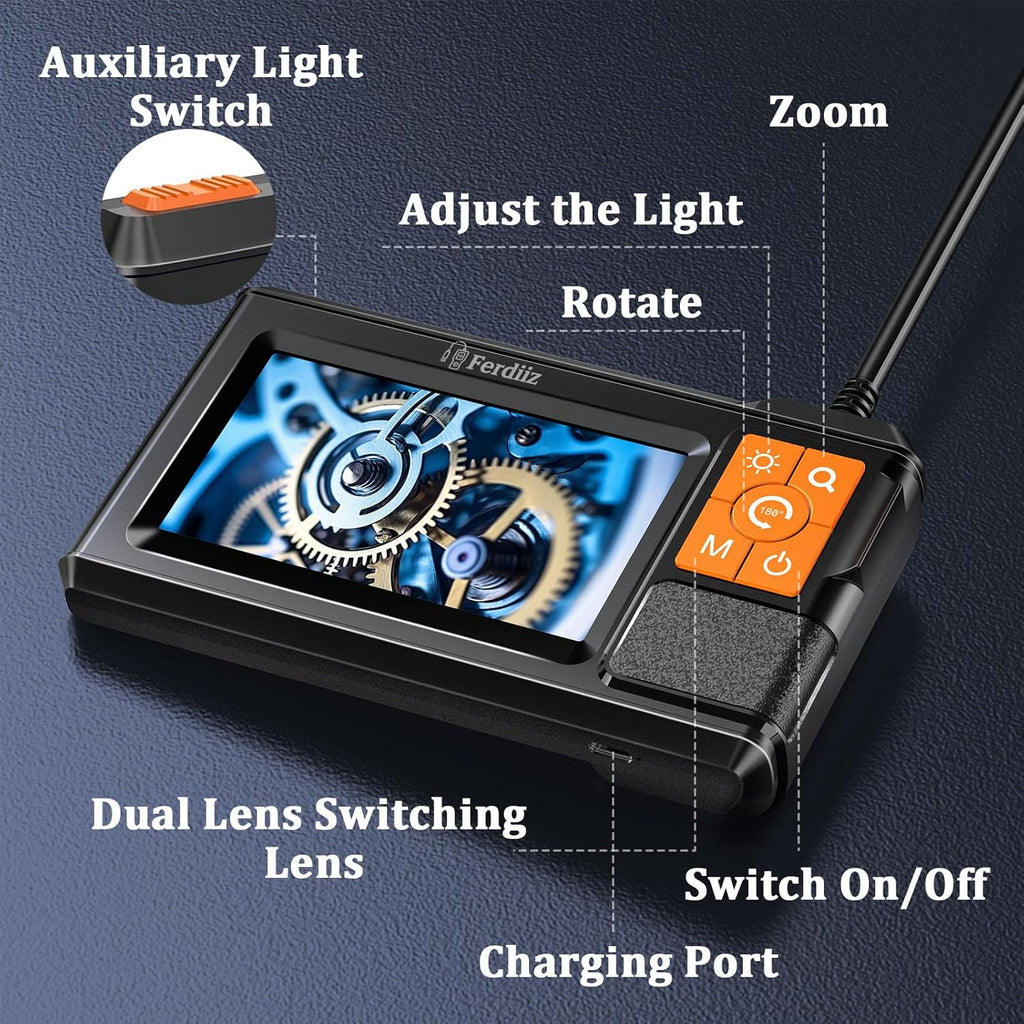 Ferdiiz  Dual-Lens Borescope with Light,Endoscope Camera with Light  4.3" IPS Screen