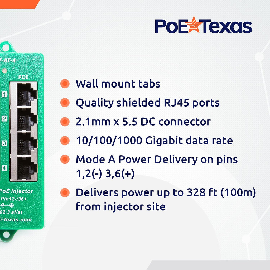 PoE Texas 4 Port PoE/PoE+ Injector with 56V 60W Power Supply - Gigabit Injector - Active Mode A Power Over Ethernet Multi Port PoE Adapter - Supports 4 PoE (802.3af or at) up to 60 watts