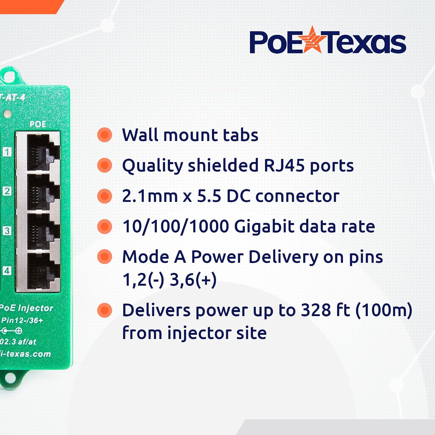 PoE Texas 4 Port PoE/PoE+ Injector with 56V 60W Power Supply - Gigabit Injector - Active Mode A Power Over Ethernet Multi Port PoE Adapter - Supports 4 PoE (802.3af or at) up to 60 watts