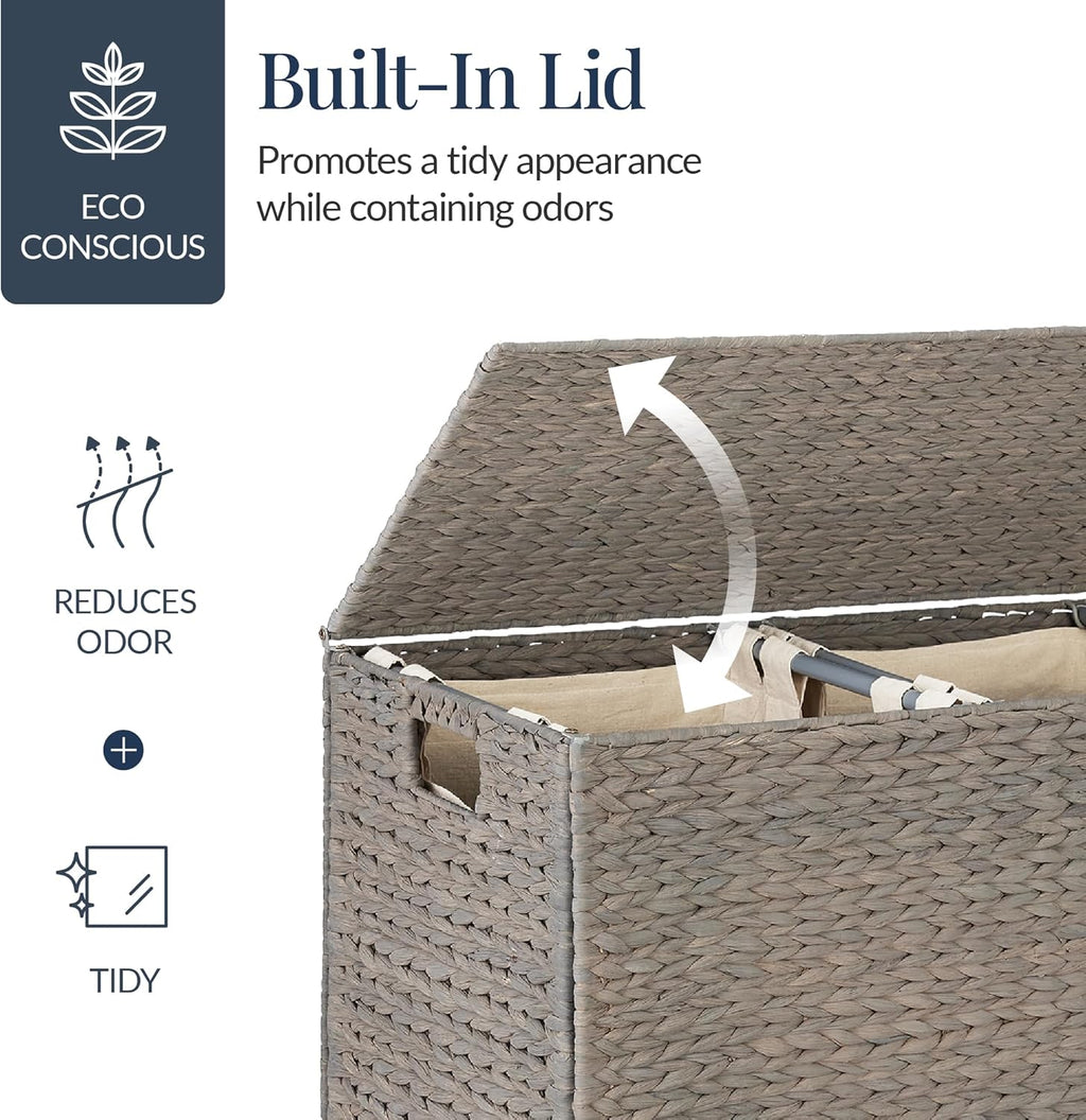 Best Choice Products - Large Water Hyacinth Double Laundry Hamper Basket w/ 2 Liner Bags - Grey