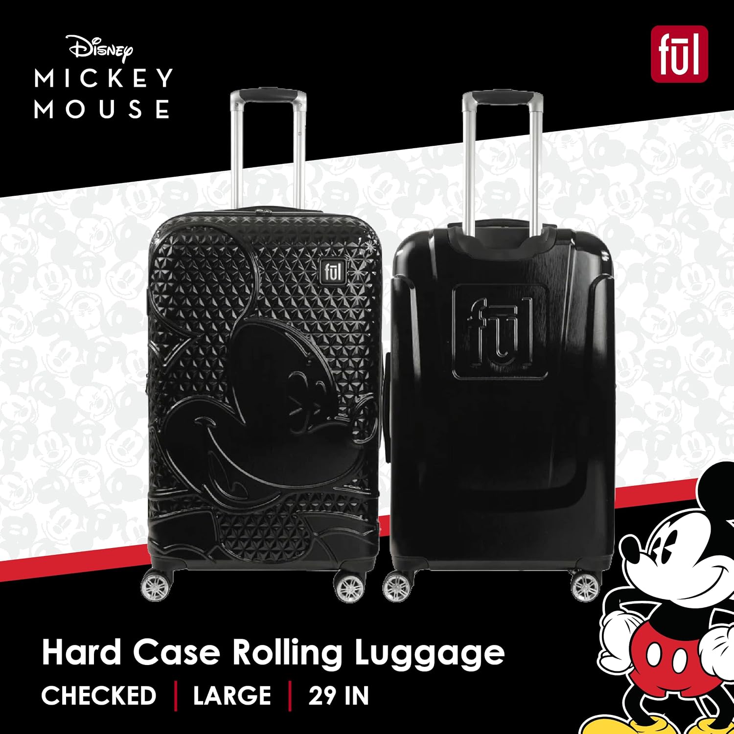 FUL Mickey Mouse Disney Kids Suitcase, Black | Hardside Large Checked Spinner Luggage