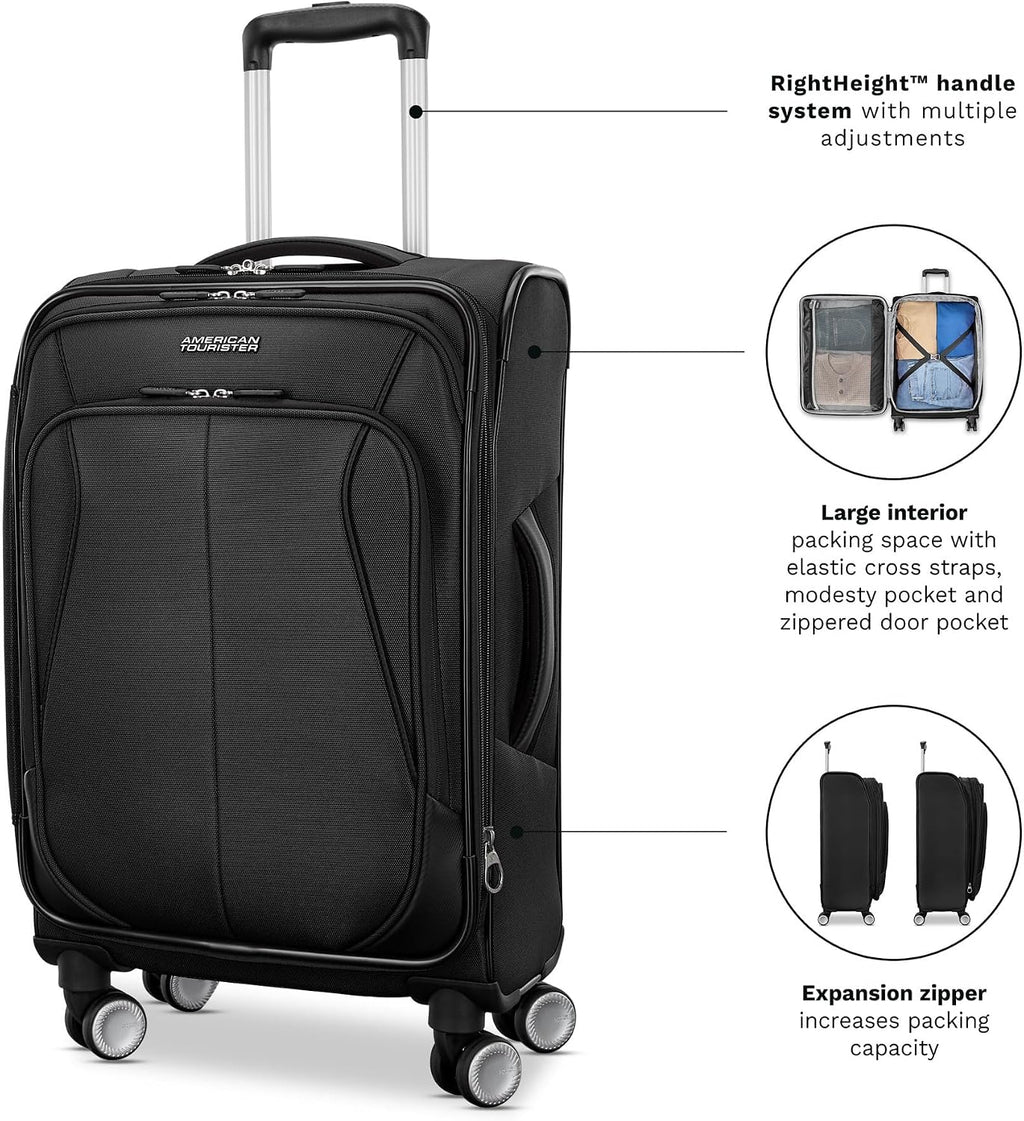 American Tourister 4 KIX 3.0 Carry-On Softside Expandable Luggage with 4 Spinner Wheels, Black