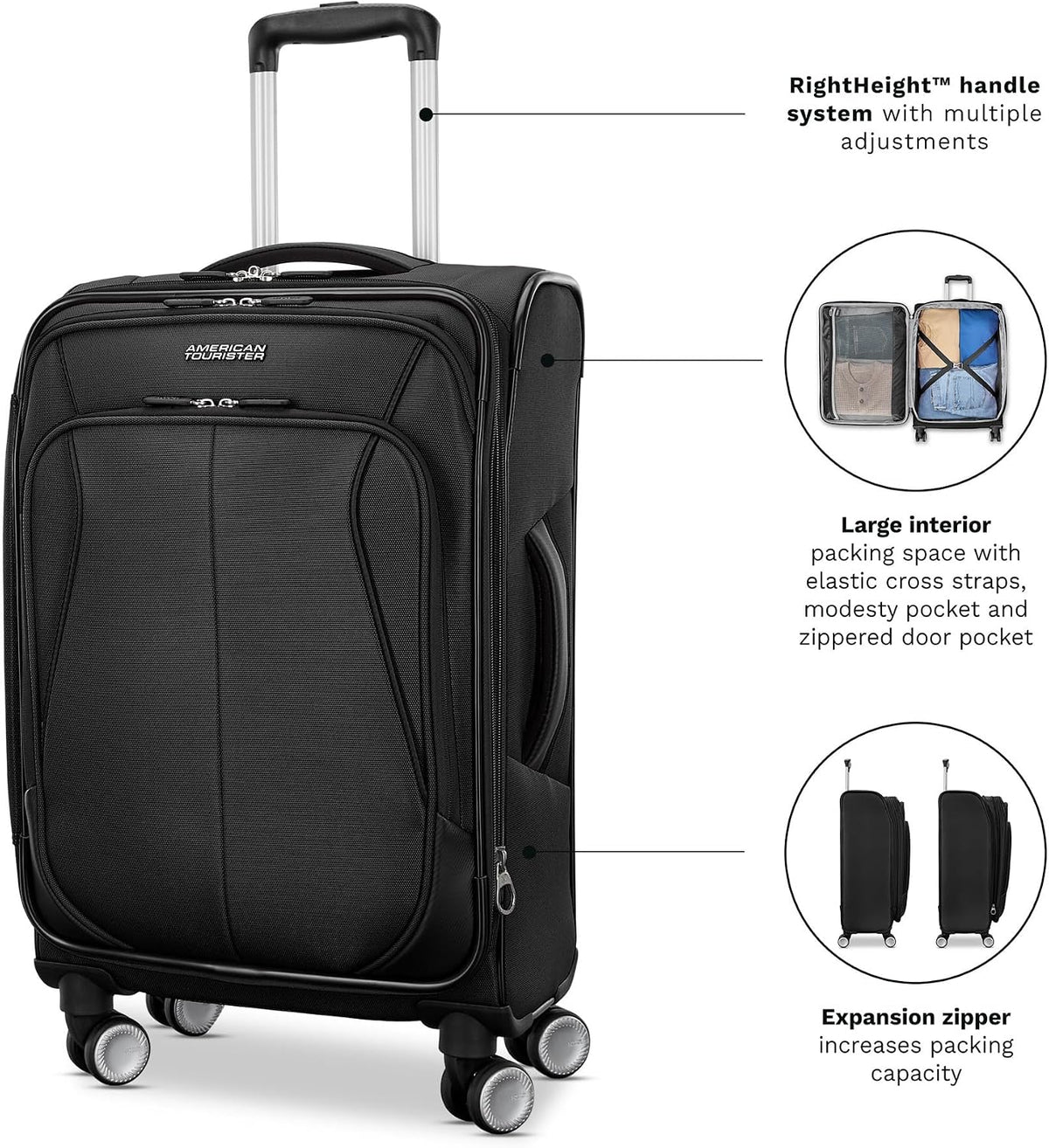 American Tourister 4 KIX 3.0 Carry-On Softside Expandable Luggage with 4 Spinner Wheels, Black