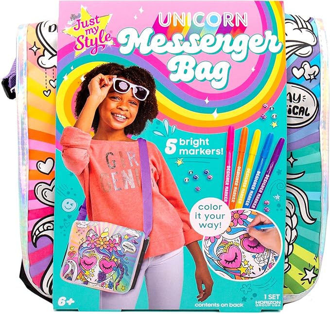 Just My Style Color Your Own Unicorn, Personalized Doodle Messenger Bag with Adjustable Strap, Great for School & Errands, Gift Ideas for Girls, Crafts Activity for Kids Ages 6, 7, 8, 9(New Open Box)