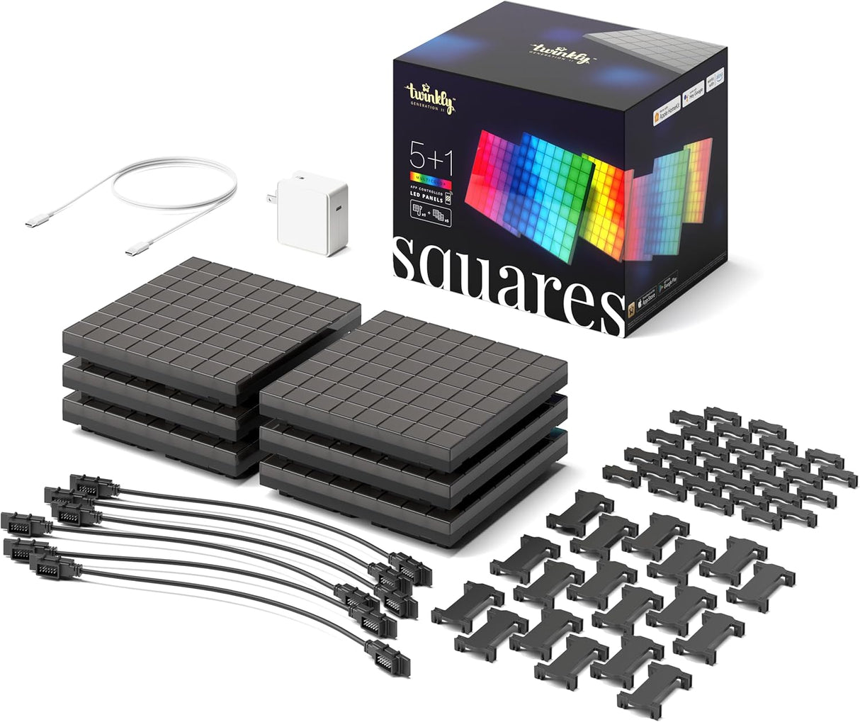 Twinkly Squares Starter Kit App-Controlled LED Wall Panels with 64 RGB (16 Million Colors) Pixels. Black. 1 Master Tile + 5 Extension Tiles