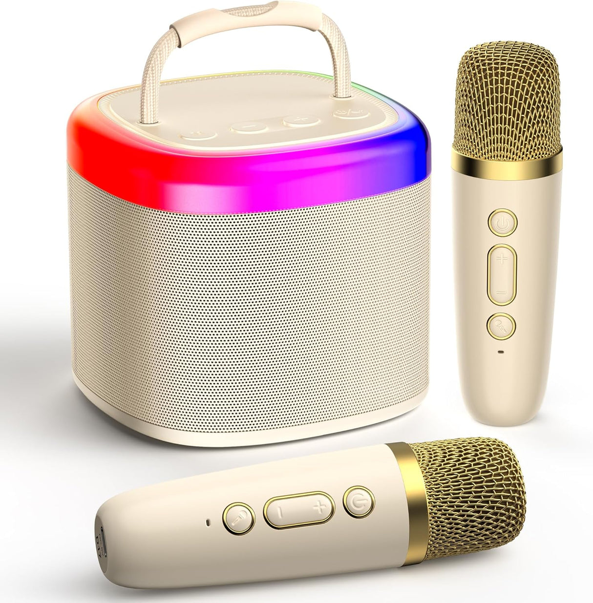 JYX Mini Karaoke Machine for Kids, Portable Bluetooth Karaoke Speaker Unpowered Cabinets with 2 Wireless Microphones and Party Lights for Adults, Birthday Gifts for Girls Boys Family Home Party (Beige)