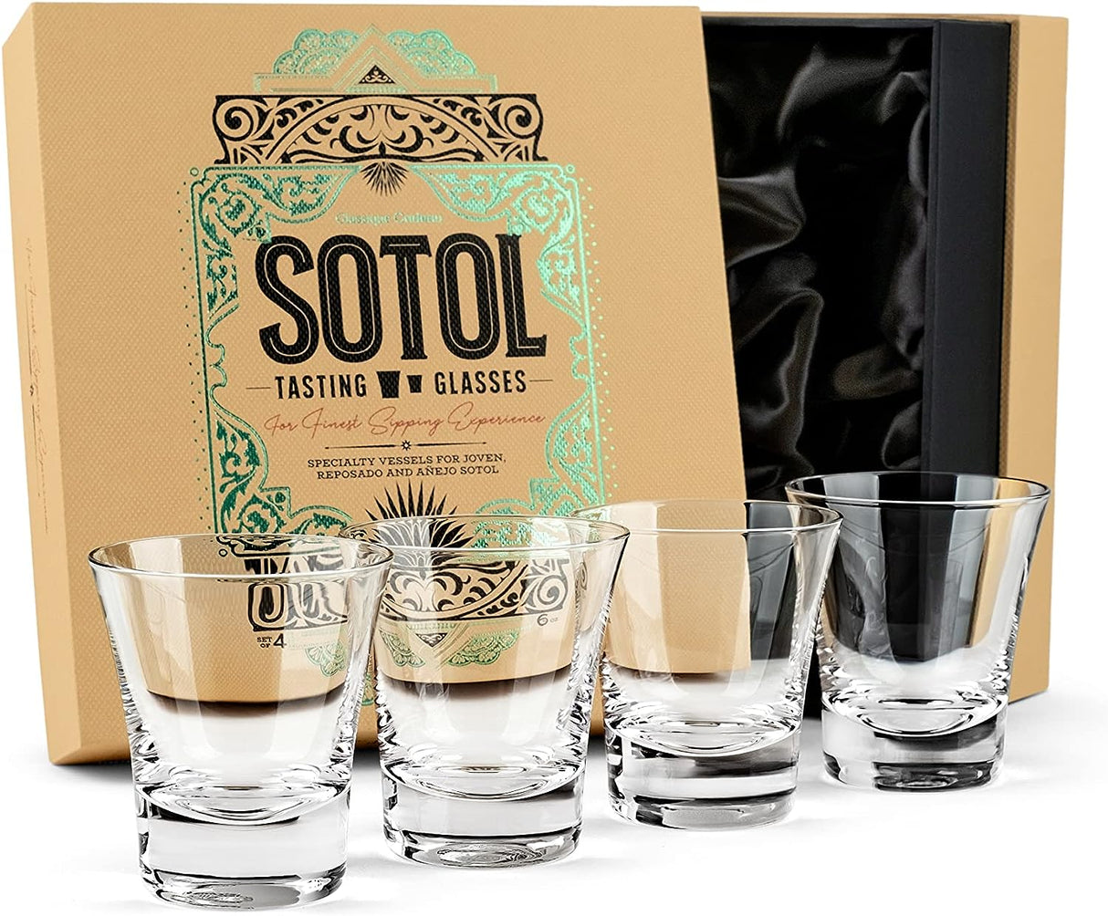 Sotol and Tequila Sipping Glasses | Tequila Glassware Collection | Set of 4 | 6 oz Professional Sippers for Drinking Joven, Reposado, Anejo Sotols | Stemless Heavy Based Liquor Snifters (New)