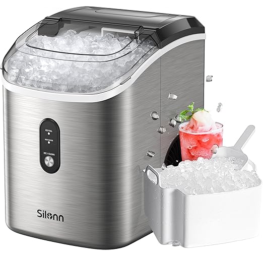 Nugget Ice Maker Countertop, Silonn Chewable Pellet Ice Machine with Self Cleaning Function, Pebble Portable Ice Maker with Ice Scoop for Home Kitchen Office, Stainless Steel