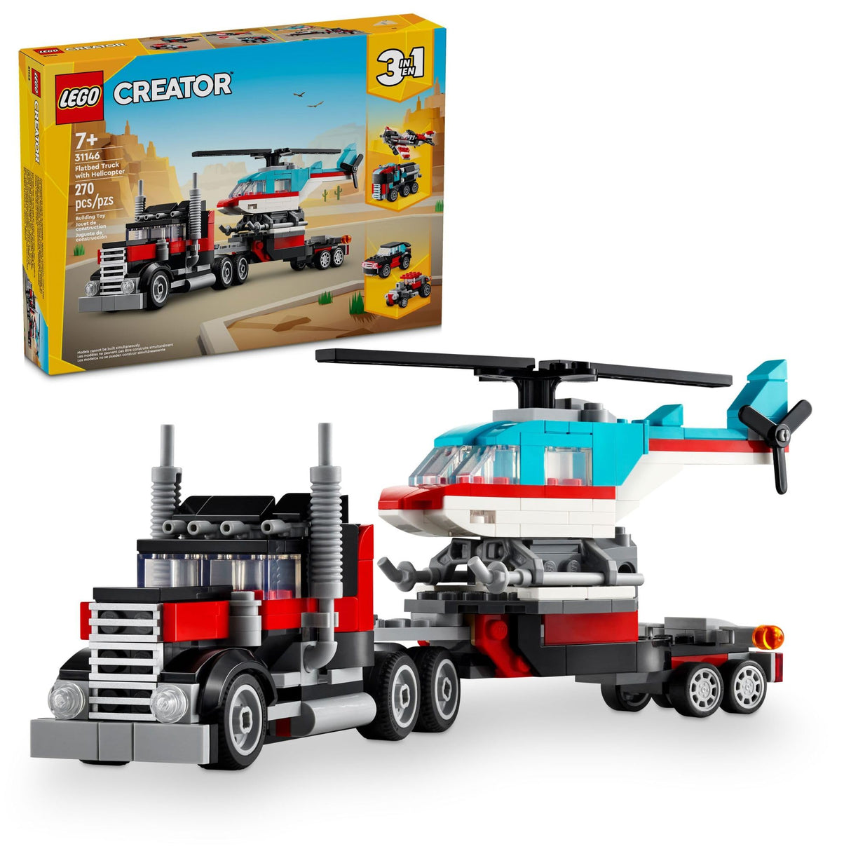 LEGO Creator 3 in 1 Flatbed Truck with Helicopter Toy, Transforms from Flatbed Truck Toy to Propeller Plane to Hot Rod and SUV Car Toys