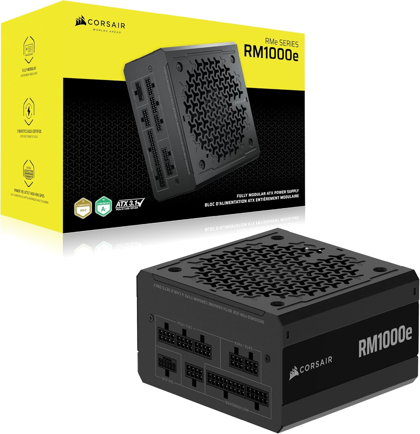 CORSAIR RM1000e (2025) Fully Modular Low-Noise ATX Power Supply with 12V-2x6 Cable – ATX 3.1 & PCIe 5.1 Compliant, Cybenetics Gold Efficiency, 105°C-Rated Capacitors, Modern Standby Mode – Black