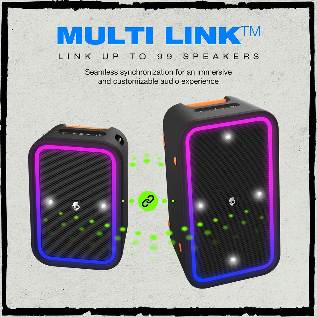 Skullcandy Stomp Bluetooth Speaker – IPX7 Waterproof Wireless Portable Speaker, with LED Lightshow & Strobe Modes, 12 Hour Battery, Multi-Link, & USB-C & USB-A Output Charging (Stomp, Black)