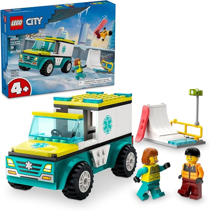 LEGO City Emergency Ambulance and Snowboarder Toy Vehicle Playset for Kids, Boarder and Paramedic Minifigures