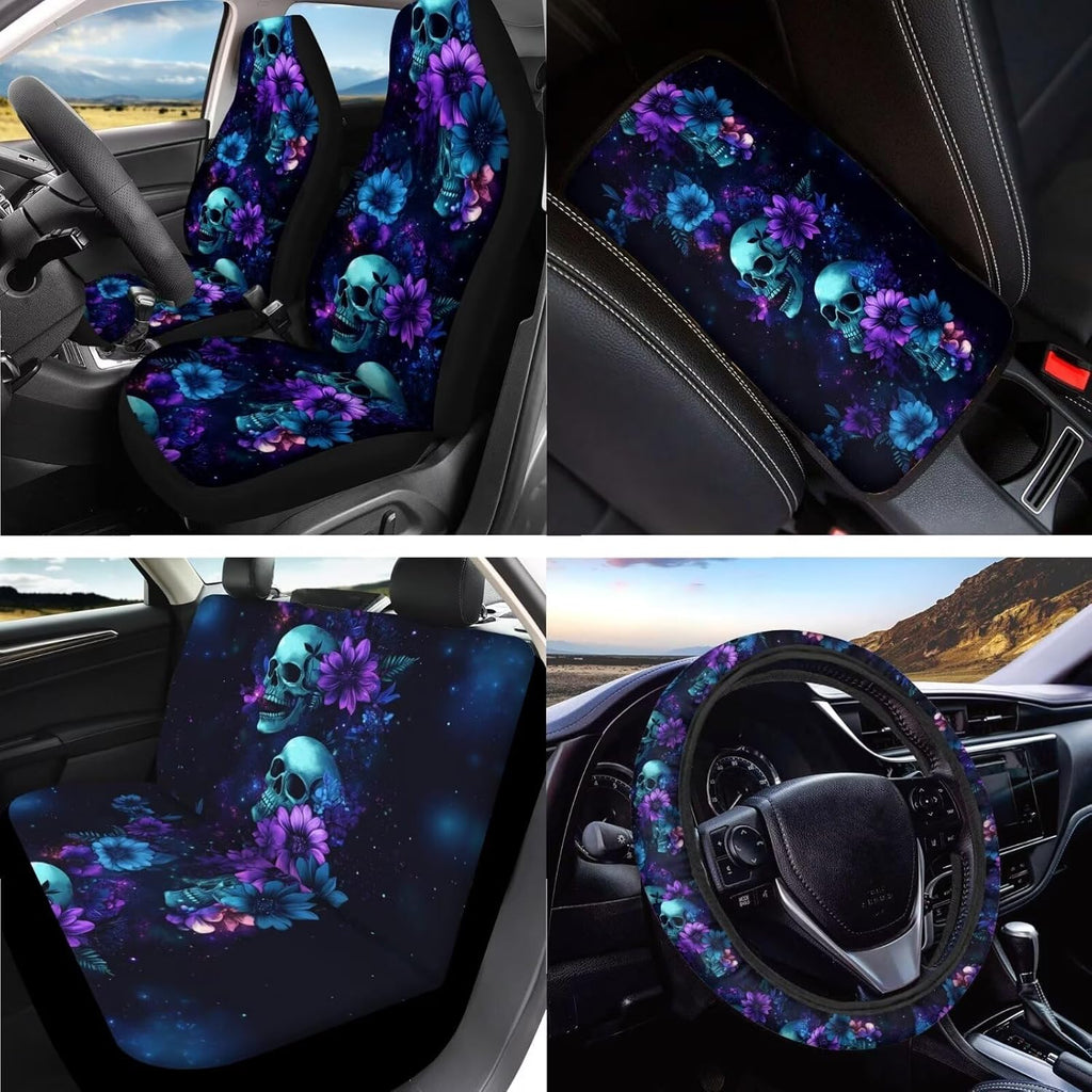 Baxinh Skull Floral Printed 15pc Car Accessories -Purple/Skull Floral