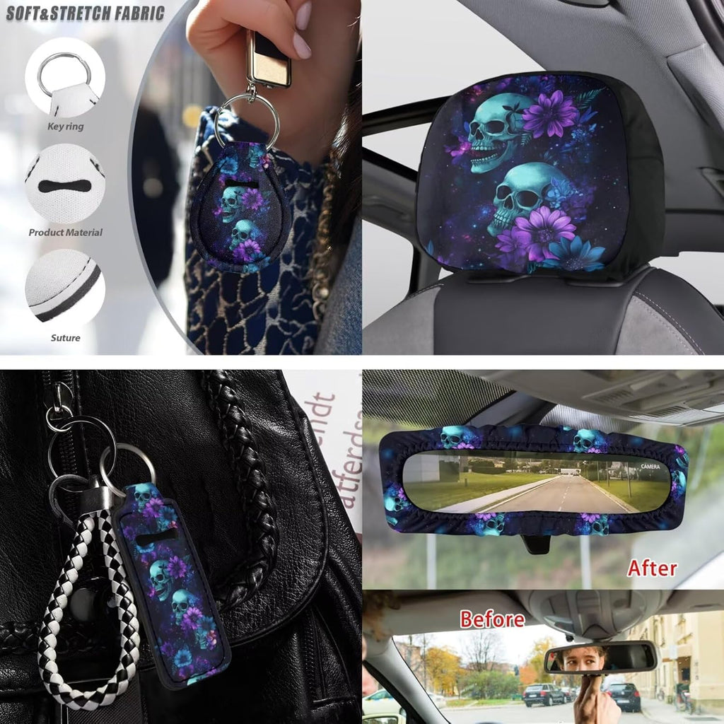 Baxinh Skull Floral Printed 15pc Car Accessories -Purple/Skull Floral
