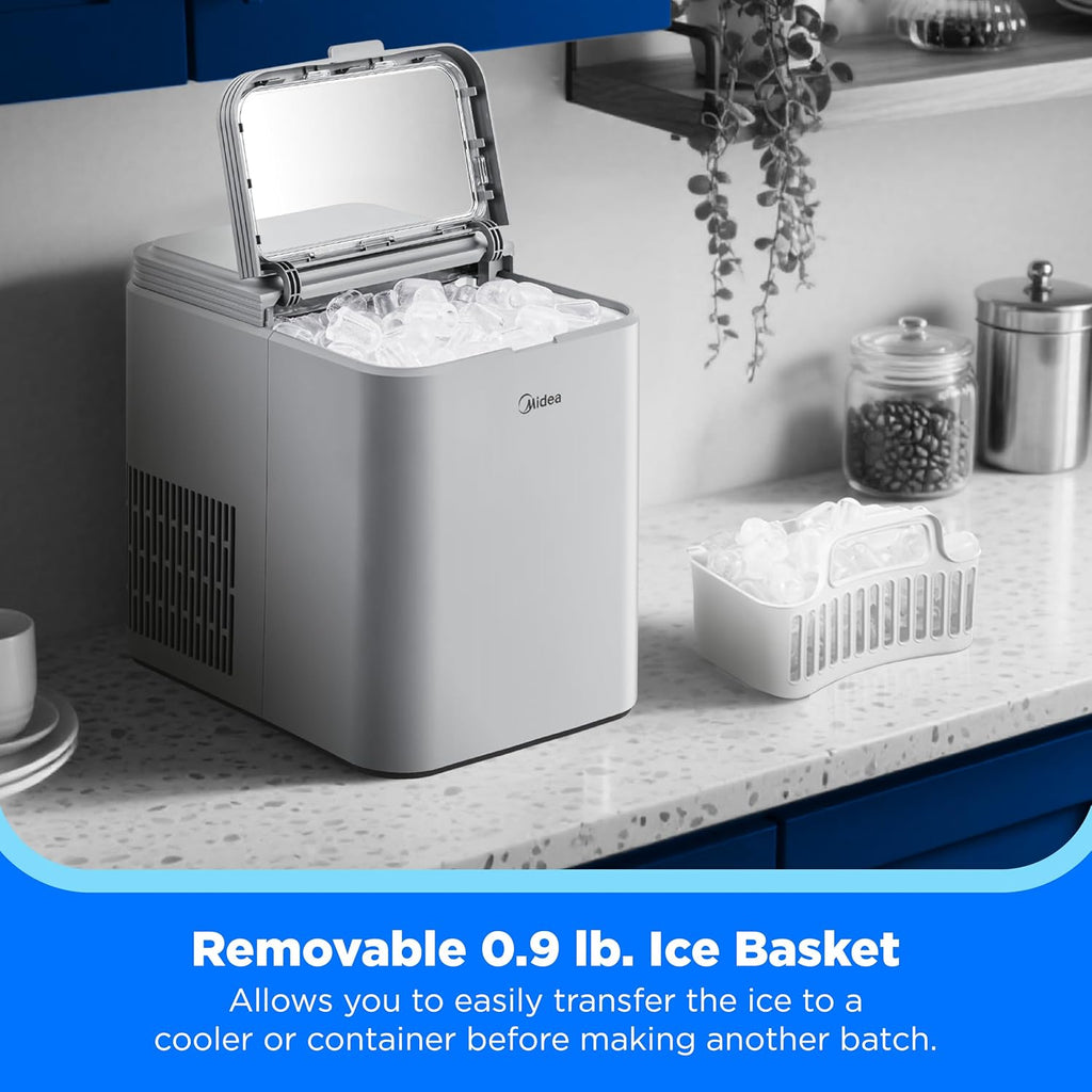 Midea MERI26B1AGY Countertop Bullet-Ice Maker, 8 Ice Bullets Ready in 6 Minutes, 26lbs/24H, Self-Cleaning Function with Ice Scoop and Basket for Home/Office/RV