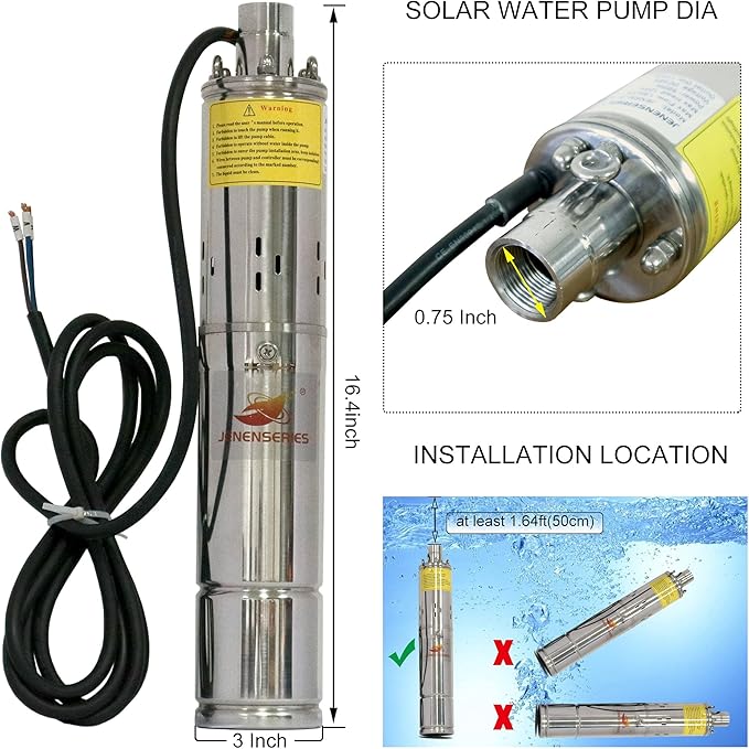 Pump 270W DC 24V Solar Water Pumps, Max head 262ft,7.9GPM Flow，3 inch Solar deep well submersible Pumps with MPPT Controller Float Switch Kits (New)