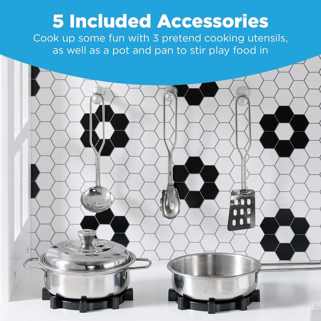 Best Choice Products Pretend Play Wooden Farmhouse Kitchen Set for Kids w/Toy Storage, Clicking Knobs, Windows, 5 Accessories Included - White/Black