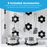 Best Choice Products Pretend Play Wooden Farmhouse Kitchen Set for Kids w/Toy Storage, Clicking Knobs, Windows, 5 Accessories Included - White/Black