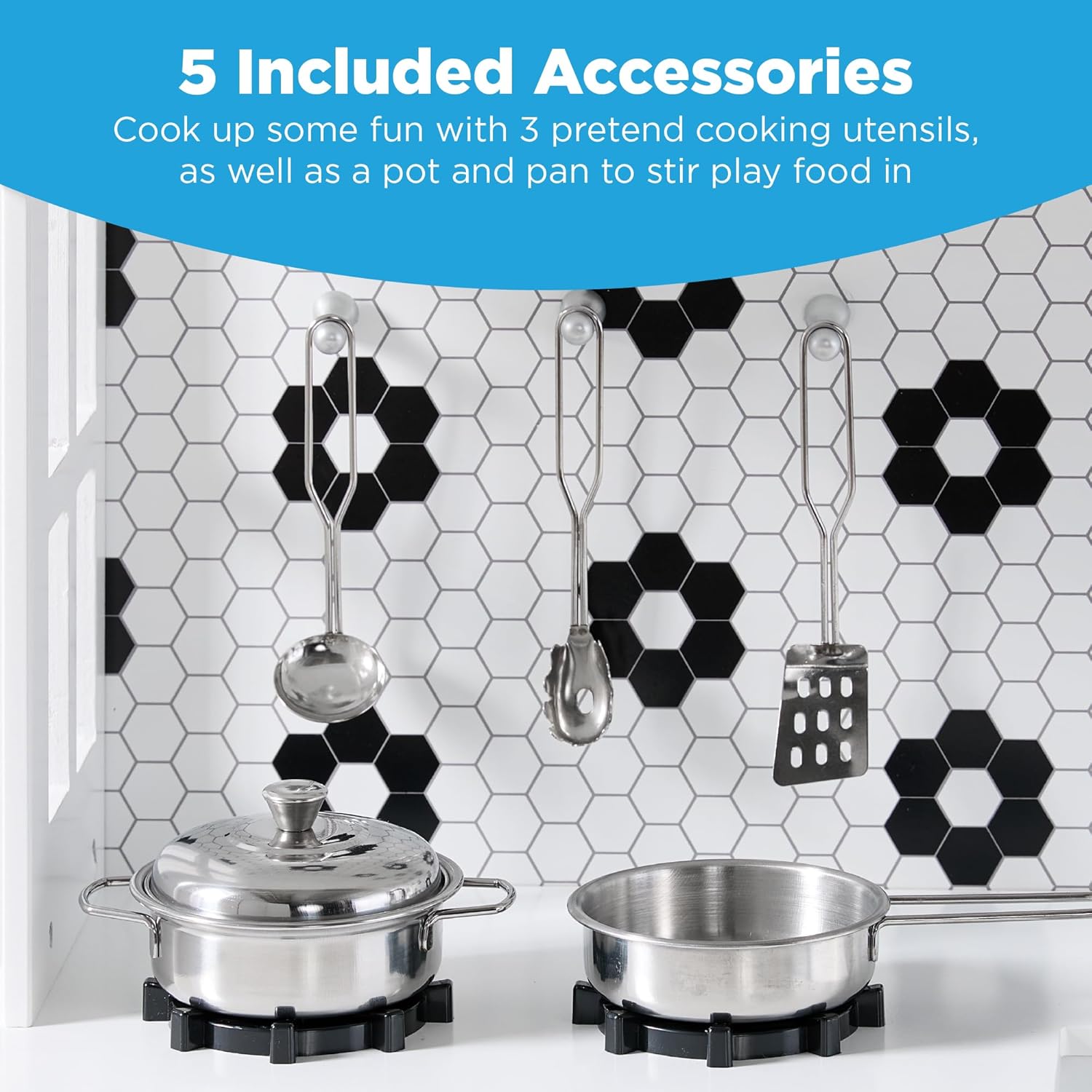 Best Choice Products Pretend Play Wooden Farmhouse Kitchen Set for Kids w/Toy Storage, Clicking Knobs, Windows, 5 Accessories Included - White/Black