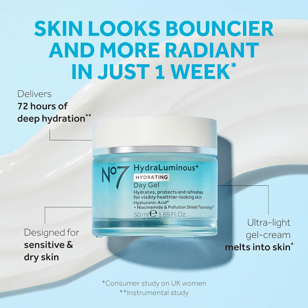 No7 HydraLuminous+ Hydrating Day Gel Moisturizer - Hyaluronic Acid and Vitamin B3 Niacinamide Face Moisturizer to Hydrate, - Supports Skin Barrier Repair (1.69 Fl Oz)