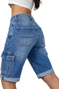 Flamingals Women's Bermuda Denim Straight Leg Shorts with Flap Pockets Mid Waist Casual Shorts Roll Hem- X-LARGE