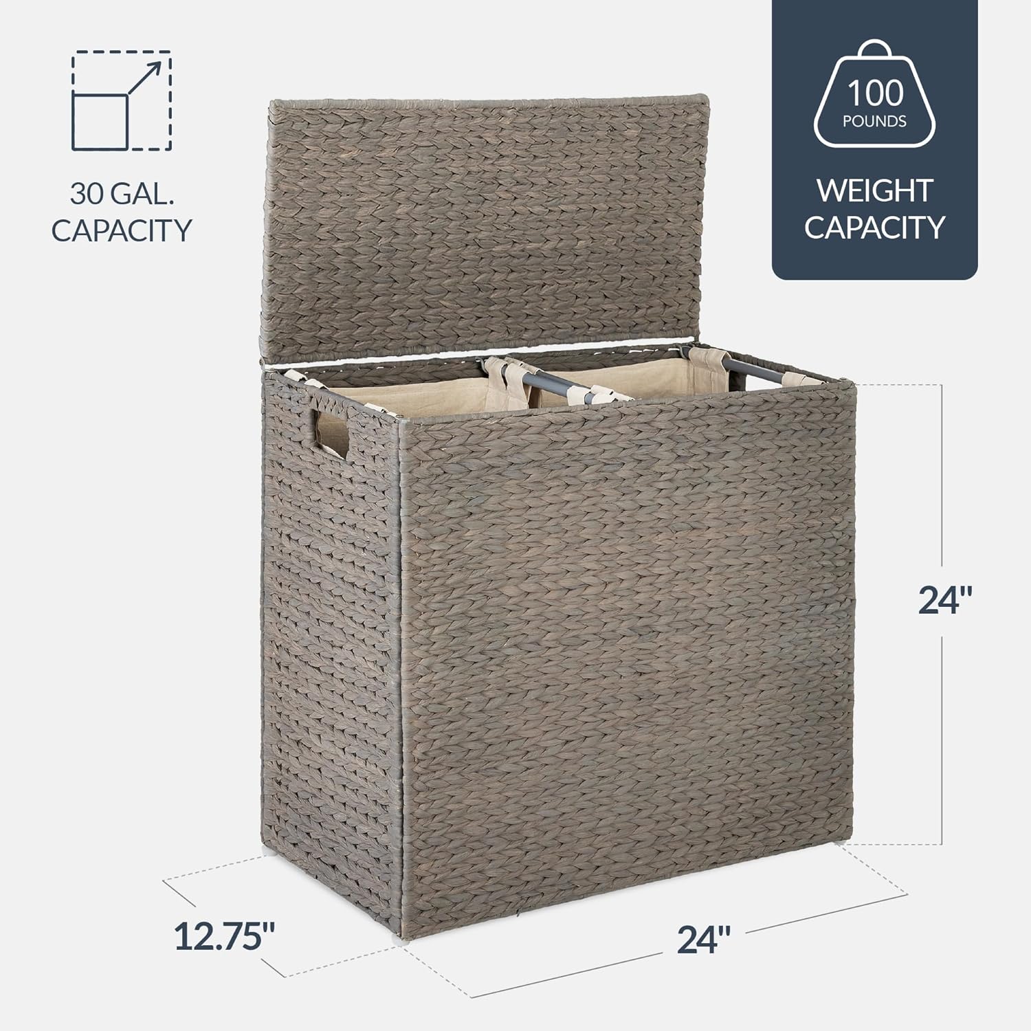 Best Choice Products - Large Water Hyacinth Double Laundry Hamper Basket w/ 2 Liner Bags - Grey
