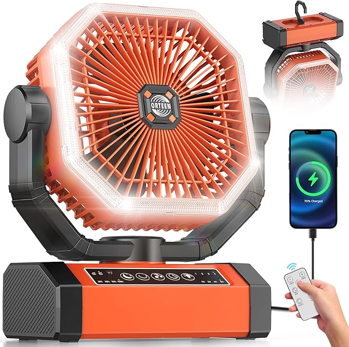 Portable Rechargeable Fan - 9-Inch Camping Fan for Tent, 20000mAh(60Hrs) Battery Operated Fan for Camping, Auto Oscillation Cordless Fan, Tent Fan with Remote/Light, 4 Speeds, 4 Timing, Outdoor