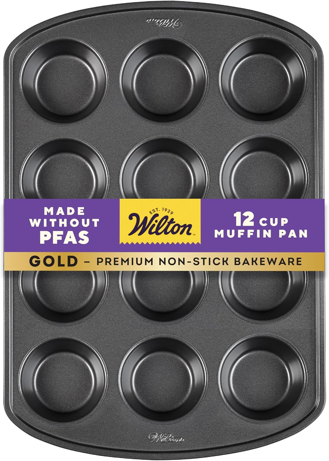 Wilton Gold Premium Non-Stick Warp-Resistant Bakeware, Made without PFAs, Muffin Pan, 12-cup, 10.5 x 15 x 1.4 in