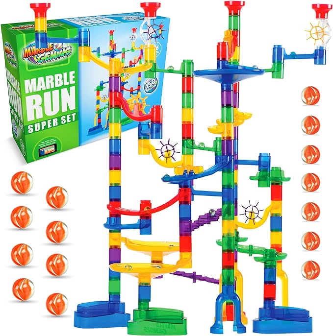 Marble Genius Marble Run - 150 Complete Pieces Maze Track Easter Toys for Adults, Teens, Toddlers & Kids Aged 4-8 Years Old, (85 Translucent Marbulous Pieces + 65 Glass-Marble Set), Super Set