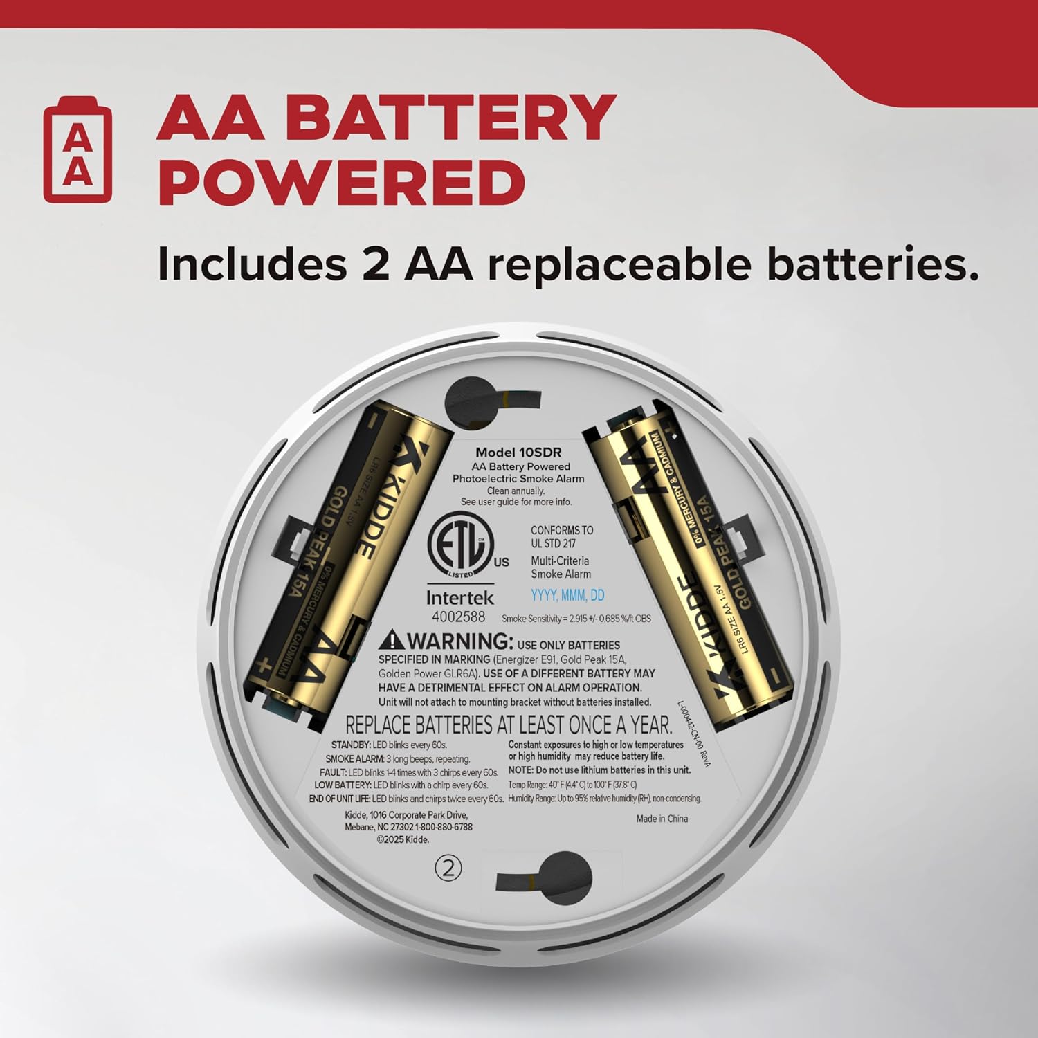 Kidde Compact Smoke Detector, AA Battery-Powered, 10SDR