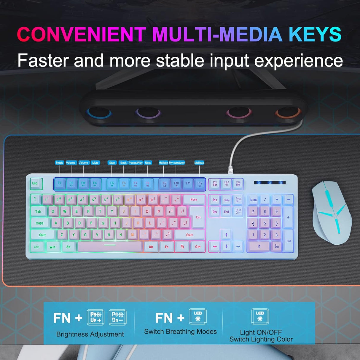 HUO JI Gaming Keyboard USB Wired with Rainbow LED Backlit, Floating Keys, Mechanical Feeling, Spill Resistant, Ergonomic(NEW,OPEN BOX)