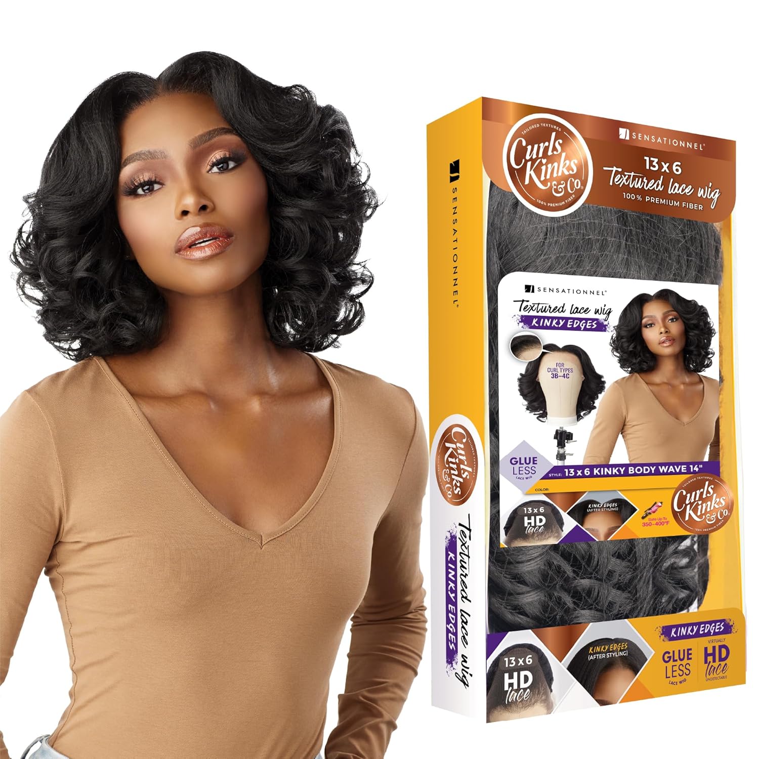 Sensationnel Curls Kinksandco Kinkyedges Wig - Kinky Body Wave 14 Inch 13X6 Lace Frontal Natural Kinkytexture Edged Hairline for Natural 3C to 4C Hair Textures (BALAYAGEMOCHA)