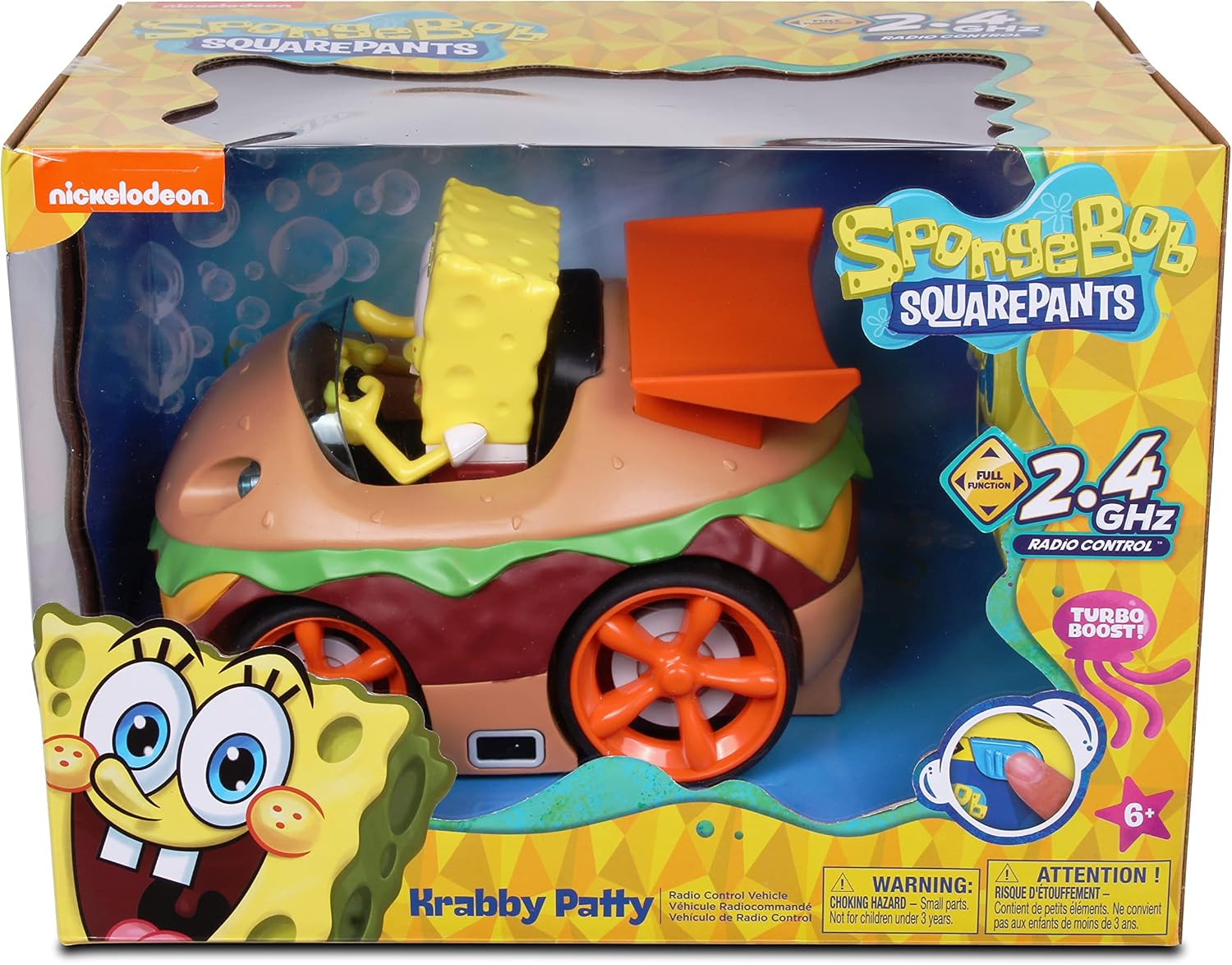 NKOK Spongebob Krabby Patty RC Car with Lights & Turbo Boost, Ages 6+