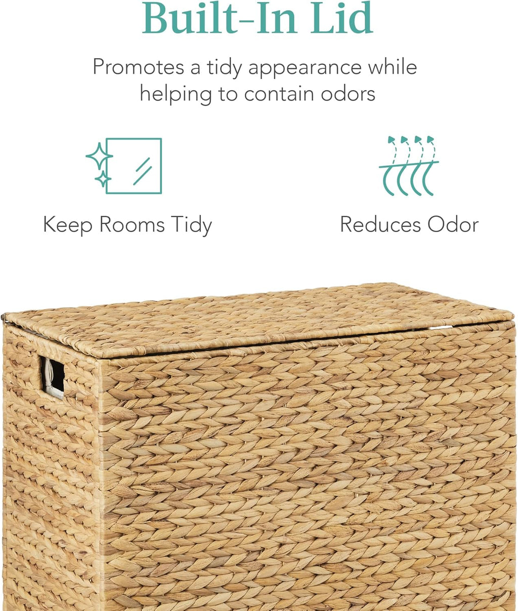 Large Water Hyacinth Laundry Hamper Basket – Double Sorter with 2 Liner Bags, Natural