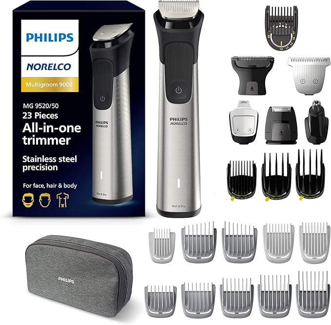 Philips Norelco Multi Groomer 23 Piece Men's Grooming Kit, Trimmer for Beard, Head, Face, Body, and Groin - Stainless Steel Precision. No Blade Oil Needed. MG9520/50