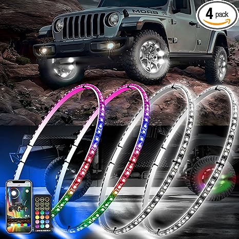 4PCS 15.5 Inch Dancing Color and Pure White LED Wheel Ring Light with Turn Signal and Braking Function, Can Controlled by Remote and APP, Single Row Rim Lights for Truck, Vehical, Offroad