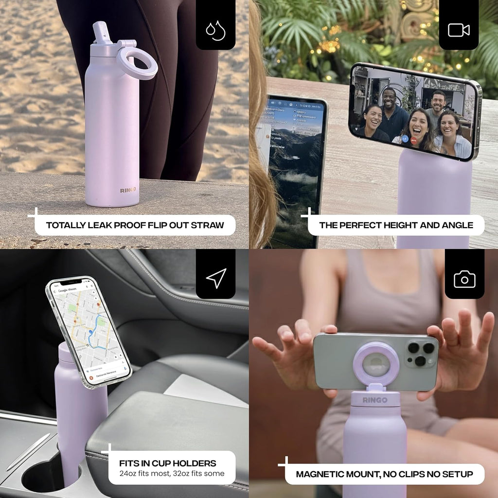 RINGO PRO Insulated Water Bottle, Magnetic Phone Tripod Mount - Lilac - 24 oz