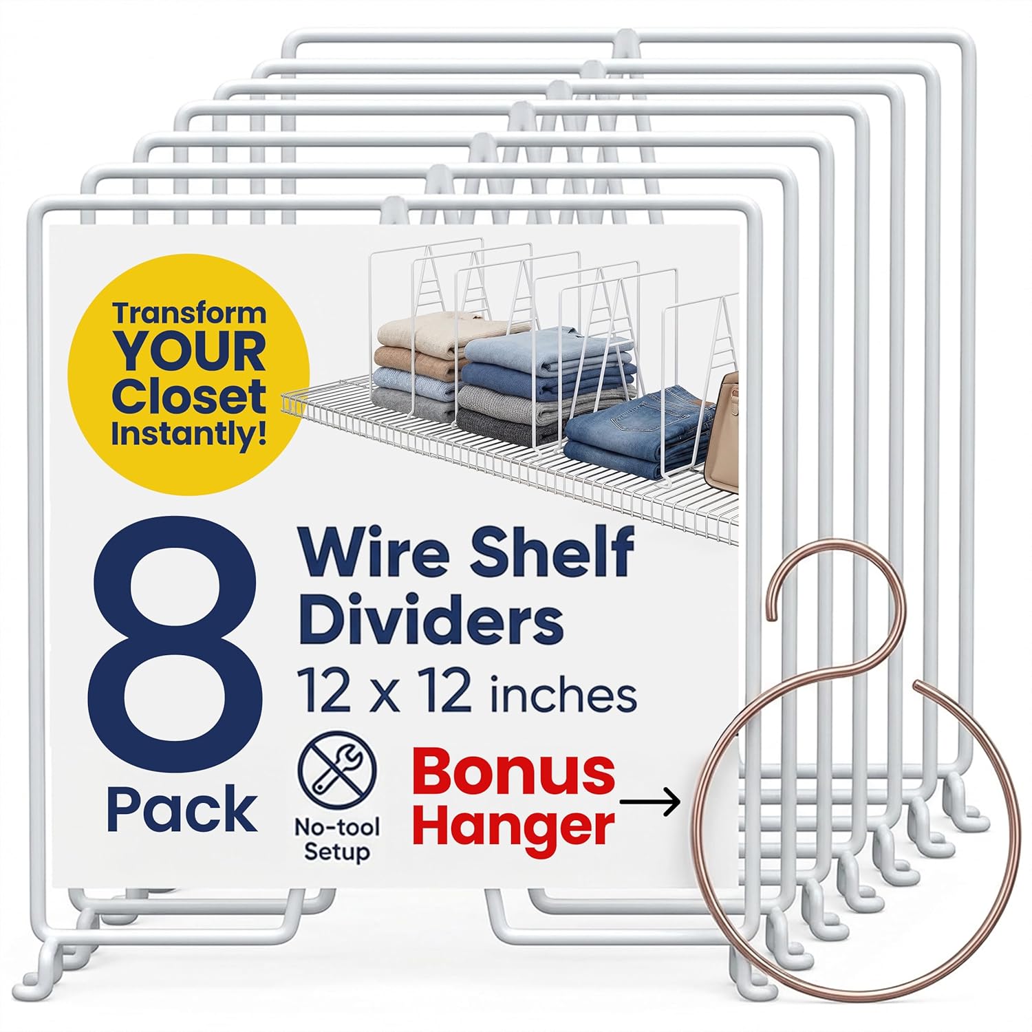 Neatly Made White Wire Shelf Dividers for Closet Organization – 8-Pack – Sturdy and Easy Set-Up Closet Shelf Dividers with Bonus Rose Gold Hanger – 12...